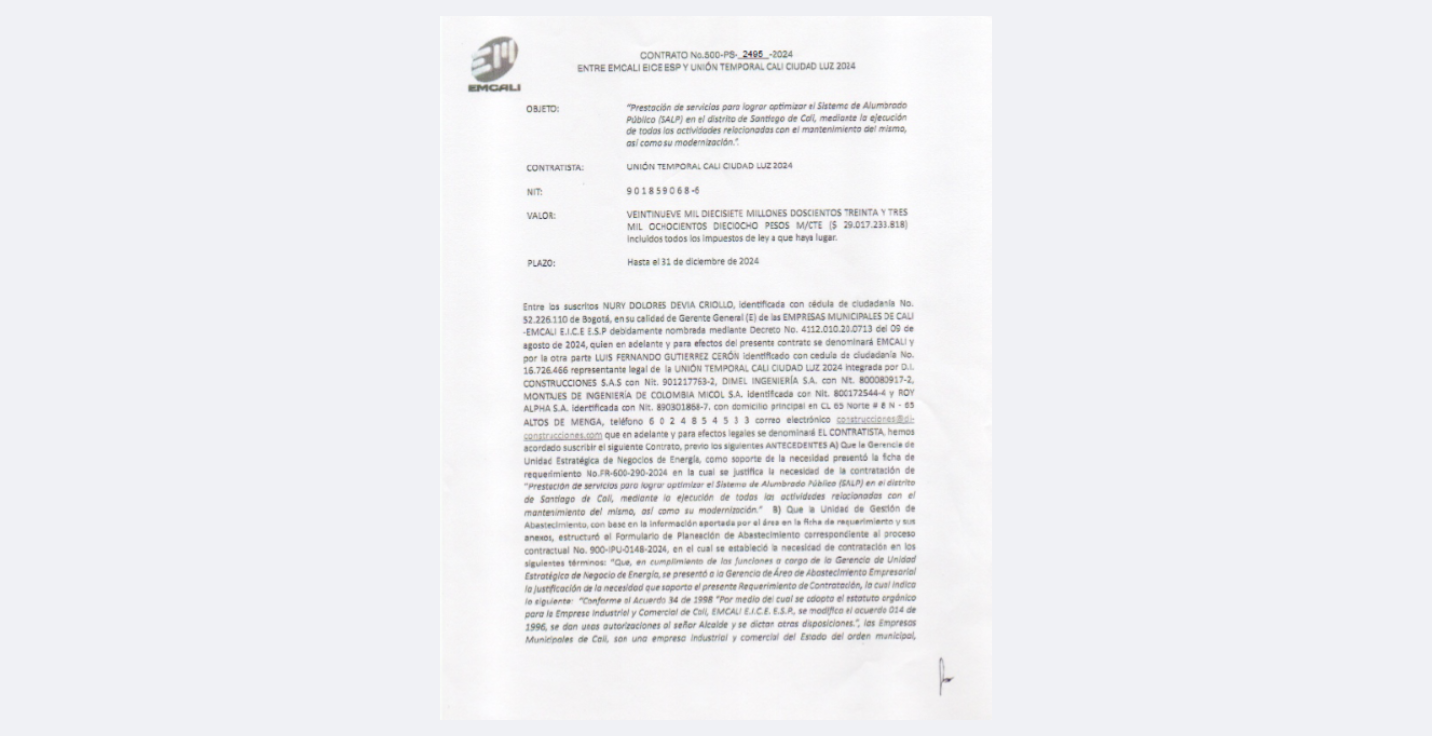 Uno de los tres contratos de alumbrado público de Emcali que la Procuraduría investiga. Corresponde a la operación de la zona sur por la Unión Temporal Cali Ciudad Luz 2024.