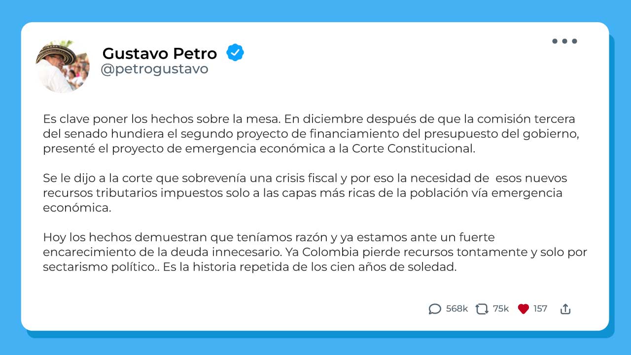 Petro insiste: advertí a la Corte Constitucional sobre la crisis fiscal que se avecina por falta de nueva tributación