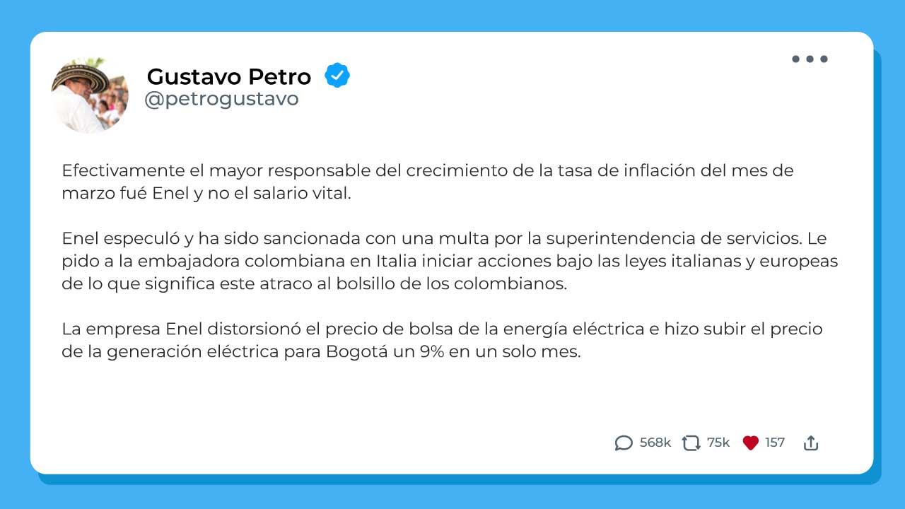 Presidente señala a Enel como principal factor del aumento de la inflación en marzo